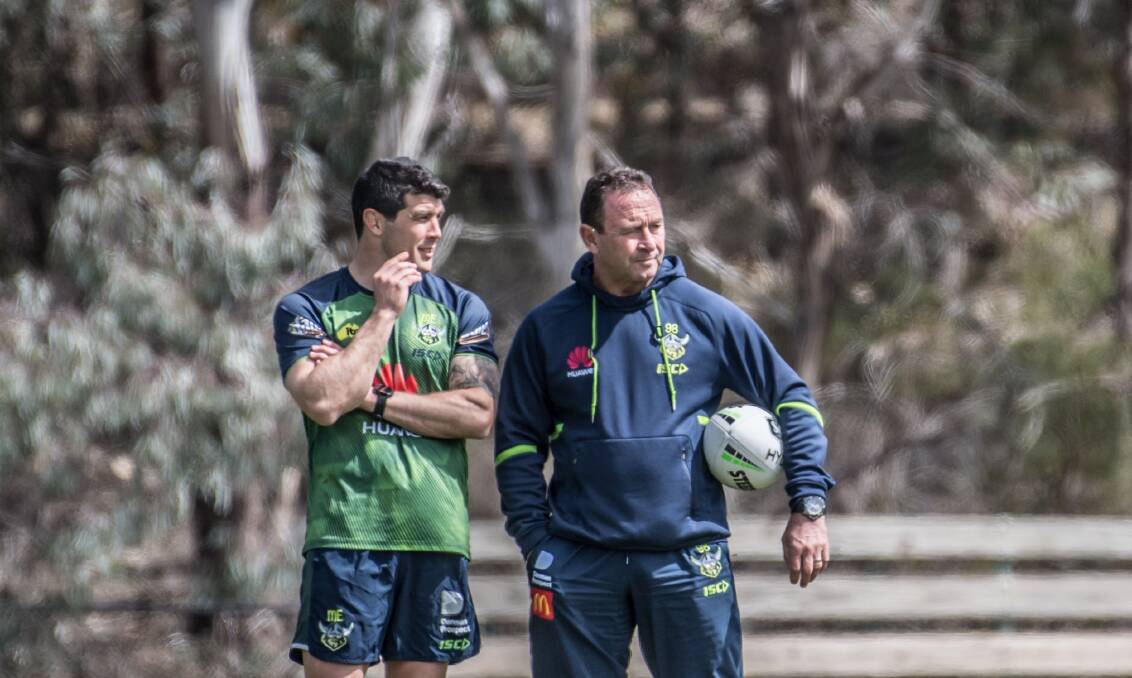 Michael Ennis, left, hasn't been able to attend Canberra Raiders training since the coronavirus shutdown. Picture: Karleen Minney