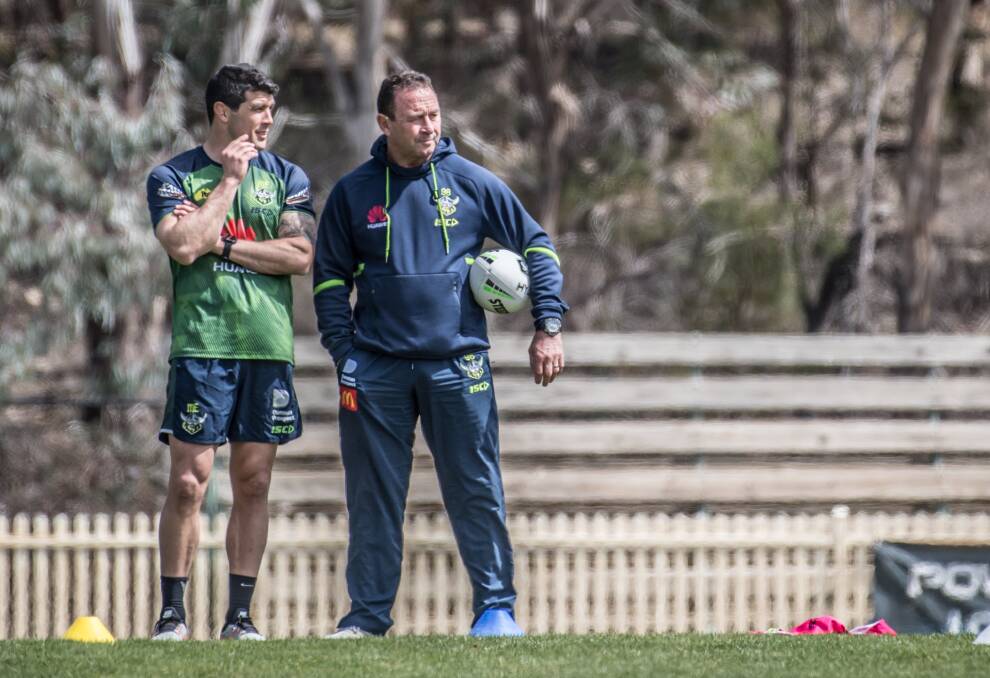 Raiders coach Ricky Stuart, right, will finalise his team on Tuesday. Picture: Karleen Minney