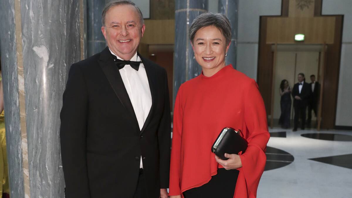 Opposition Leader Anthony Albanese and Labor's Senate leader Senator Penny Wong at the Midwinter Ball at Parliament House. Picture: Alex Ellinghausen