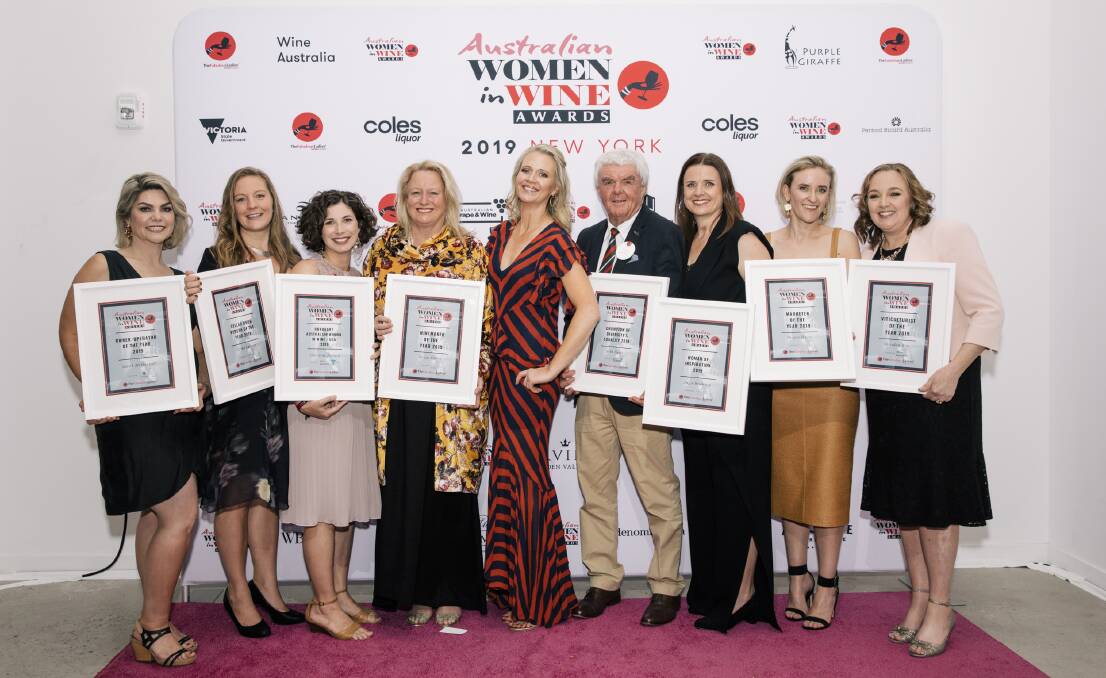 Lake George Winery's Sarah McDougall, left, with the other winners from the 2019 Australian Women in Wine Awards.