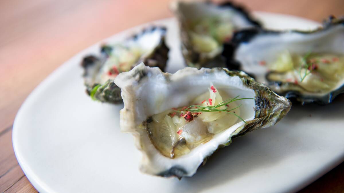 Moonlight Flat oysters with pomello and pink peppercorn. Picture: Elesa Kurtz