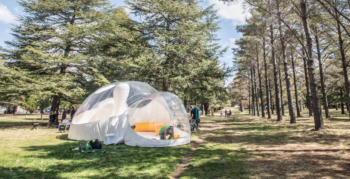 The City Renewal Authority's new inflatable, inhabitable pavilion inflated as part of the Haig Park Experiments. Picture: Karleen Minney