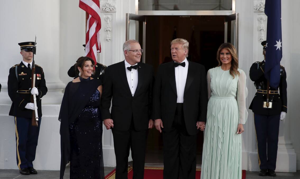 Prime Minister Scott Morrison and Jenny Morrison are greeted by President of the United States Donald Trump and First Lady Melania Trump ahead of a state dinner at the White House. Picture: Alex Ellinghausen