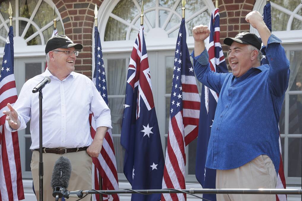 Prime Minister Scott Morrison and Australian ambassador to the United States Joe Hockey during a garden party at the Ambassador's residence in Washington DC. Picture: Alex Ellinghausen