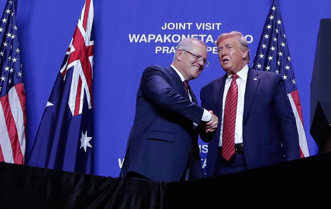 Prime Minister Scott Morrison and President of the United States Donald Trump at the opening of Anthony Pratt's Wapakoneta recycling and paper plant in Ohio. Picture: Alex Ellinghausen