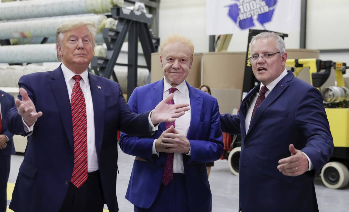 President of the United States Donald Trump, businessman Anthony Pratt and Prime Minister Scott Morrison during the official opening of businessman Anthony Pratt's Pratt Industries Wapakoneta recycling and paper plant in Wapakoneta, Ohio. Picture: Alex Ellinghausen