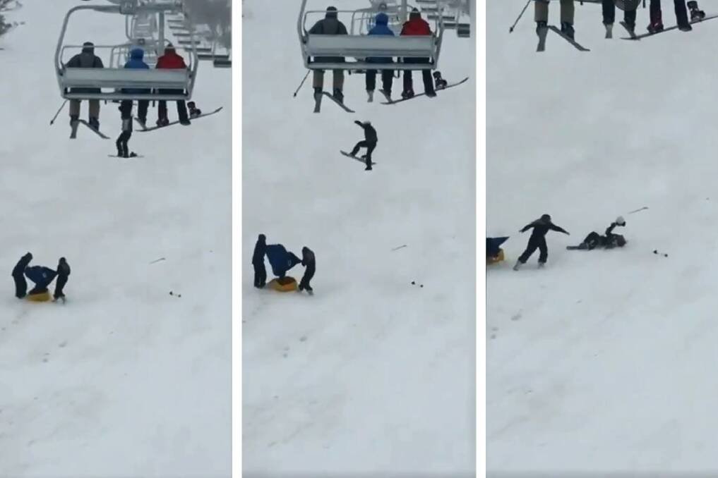 A snowboarder falls from a chairlift at Perisher. Credit: Channel Nine News