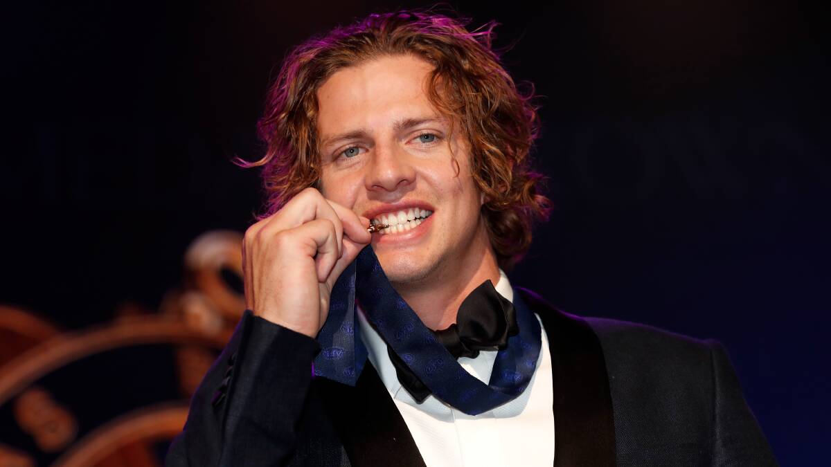 Nat Fyfe of the Dockers celebrates with his second Brownlow Medal. Picture: Getty Images