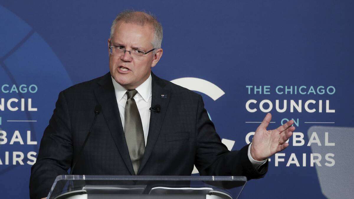 Prime Minister Scott Morrison delivers the keynote speech to the Chicago Council on Global Affairs. Picture: Alex Ellinghausen