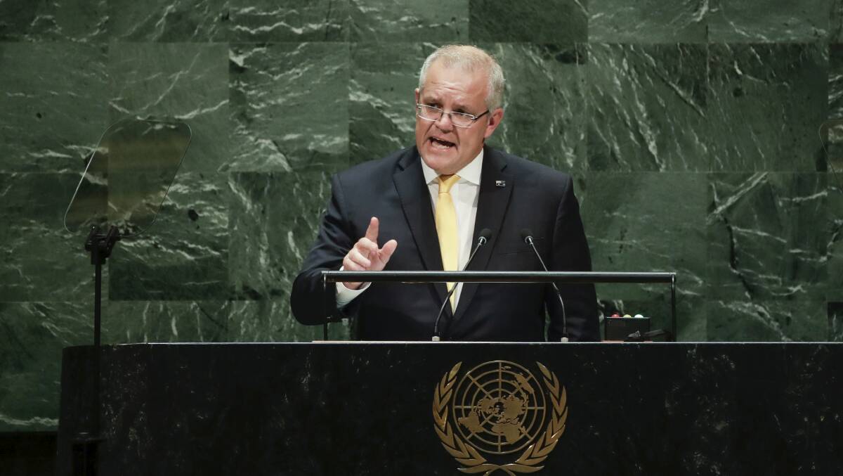 Prime Minister Scott Morrison delivers the Australian National Statement to the United Nations General Assembly in New York. Picture: Alex Ellinghausen