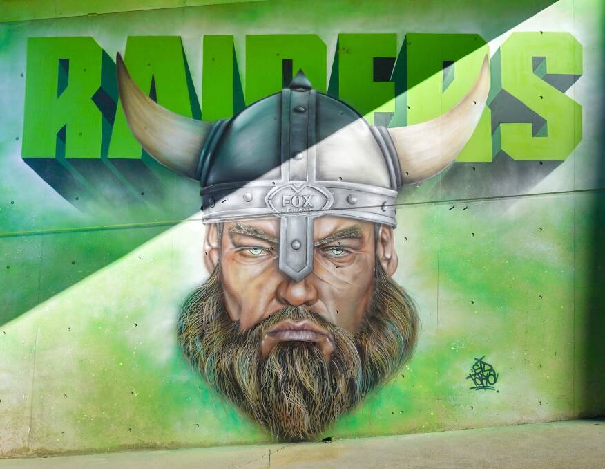 The large artwork of Victor the Viking now looks over the field at Canberra Stadium. Picture: Reiner Schuster