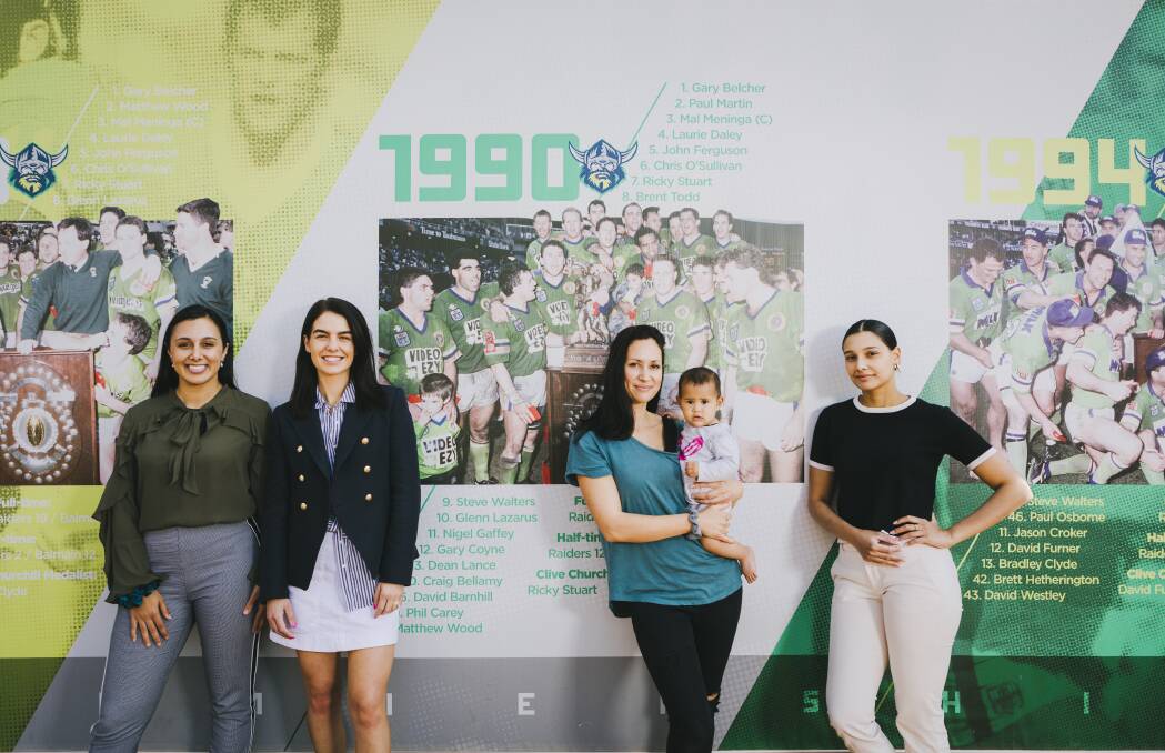 Their biggest support: Hoping the Raiders add 2019 to the wall of glory are Kirsten Stanton (Joe Tapine's fiance), Brittney Croker (Jarrod Crokers wife), Gemmah Soliola (Sia Soliola's wife) with her daughter Georgia-Jean 8 months, and Monisha Lew Fatt (Jack Wighton's partner). Picture: Jamila Toderas