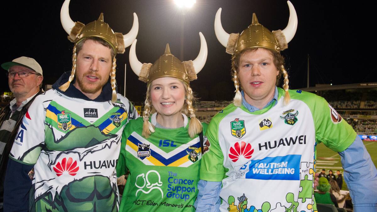 Raiders fans Colin Kelly and Jo Johnson of Fraser with Murray Kelly of Queanbeyan.
Picture: Elesa Kurtz
