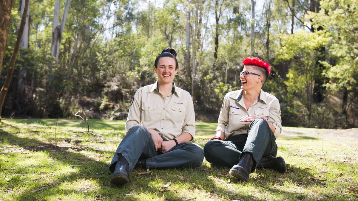 Tidbinbilla reserve's projects manager Heather Gow-Carey, left, and visitor services officer Colette Neumann take in the forest ahead of the annual open day on Sunday. Picture: Dion Georgopoulos