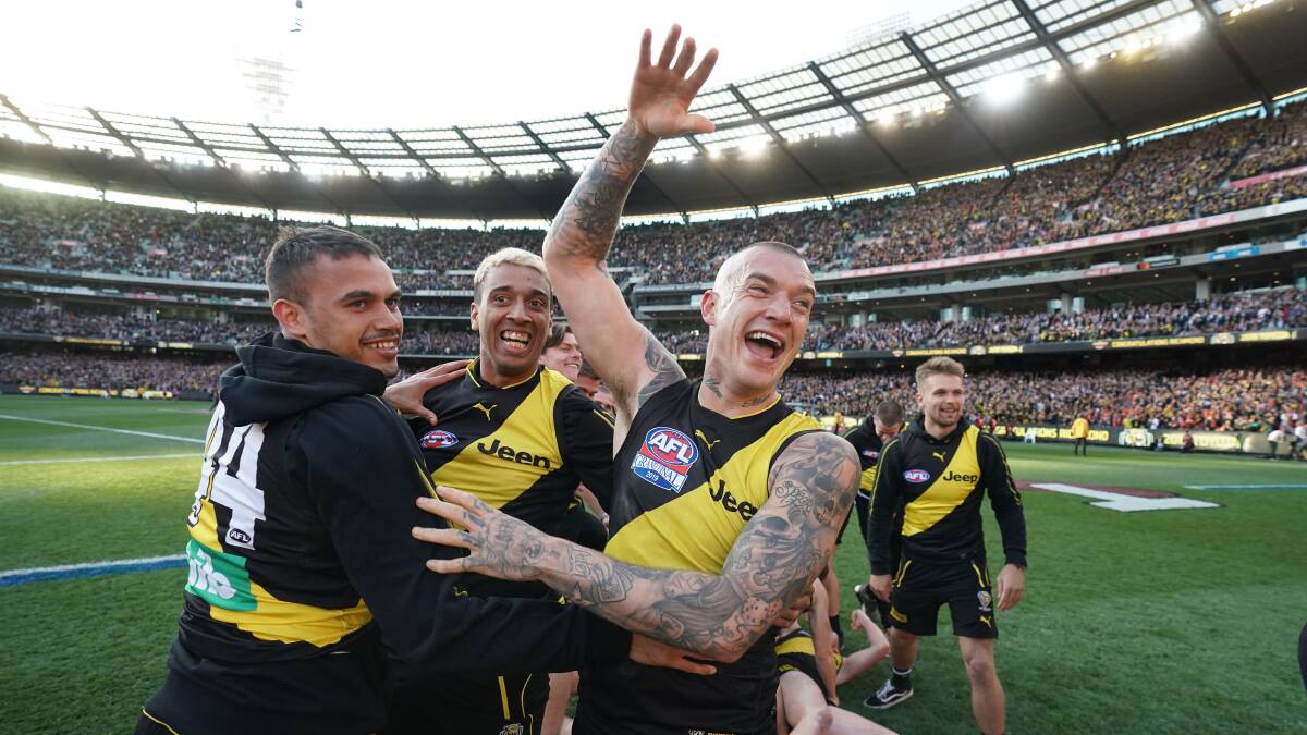 Dustin Martin of the Tigers celebrates winning the 2019 AFL Grand Final. Picture: Scott Barbour