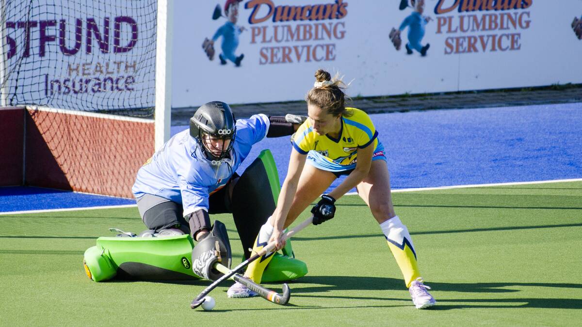 Brooke Peris scores the winning goal in the Canberra Chill's opening round clash against Brisbane Blaze. Picture: Jamila Toderas