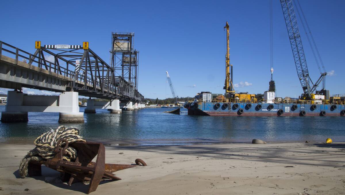 Work progresses on the new Batemans Bay bridge, which will replace the old steel bridge opened in 1956. The 168 pre-cast concrete sections are being built near Mogo and will be lifted into place with barge cranes. Picture: Supplied