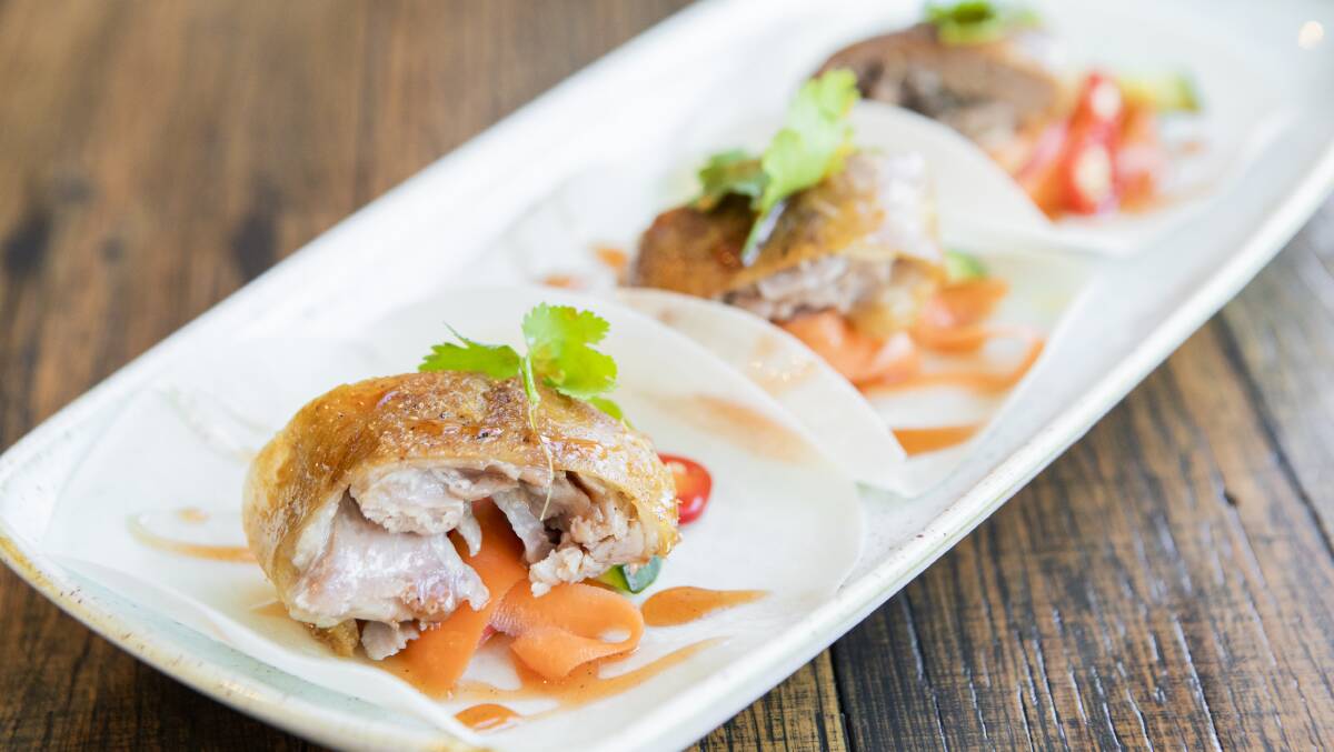Five-spiced duck pancakes with spiced blood orange glaze. Picture: Jamila Toderas