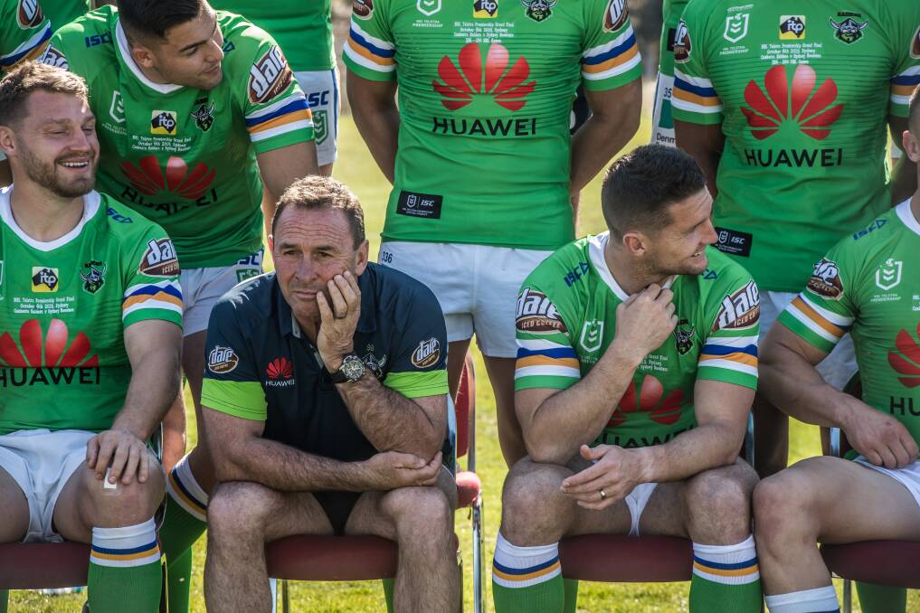 Raiders coach Ricky Stuart, centre, is up for coach of the year for the second time in three years. Picture: Karleen Minney