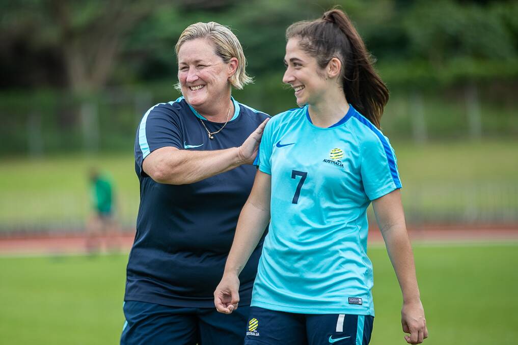 Junior Matildas coach Rae Dower with Emma Ilijoski. Picture: Joseph Mayers