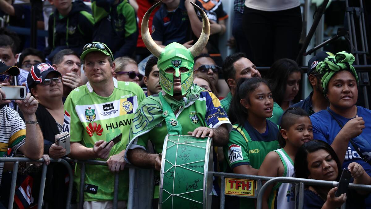 Canberra Raiders superfan Simon Tayoun with his drum in Martin Place on Thursday. Picture: Dominic Lorrimer
