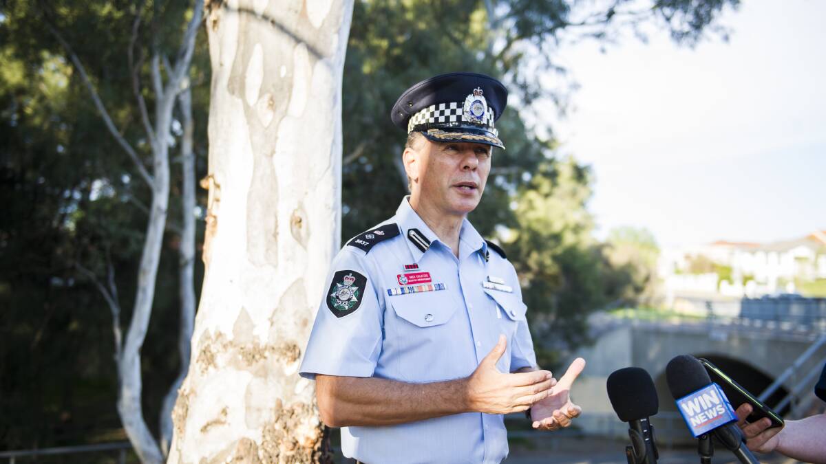ACT police detective superintendent Mick Calatzis speaks at a press conference about an ongoing police investigation for a crime scene at Kosciuszko Ave, Palmerston. Picture: Dion Georgopoulos