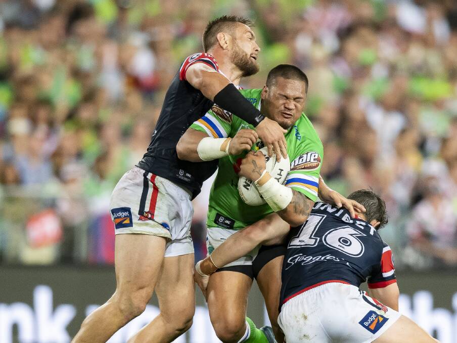 Raiders centre Joey Leilua could be staying in Canberra. Picture: Sitthixay Ditthavong