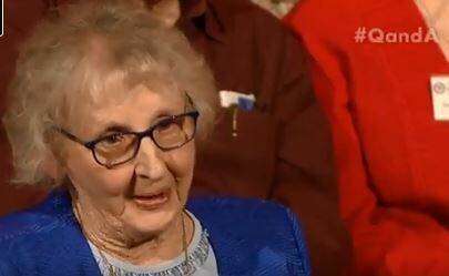 Shirley McClaren, 87, one of the stars of the recent ABC reality smash Old Peoples Home For 4-Year-Olds poses a question on Q&A. Picture: ABC