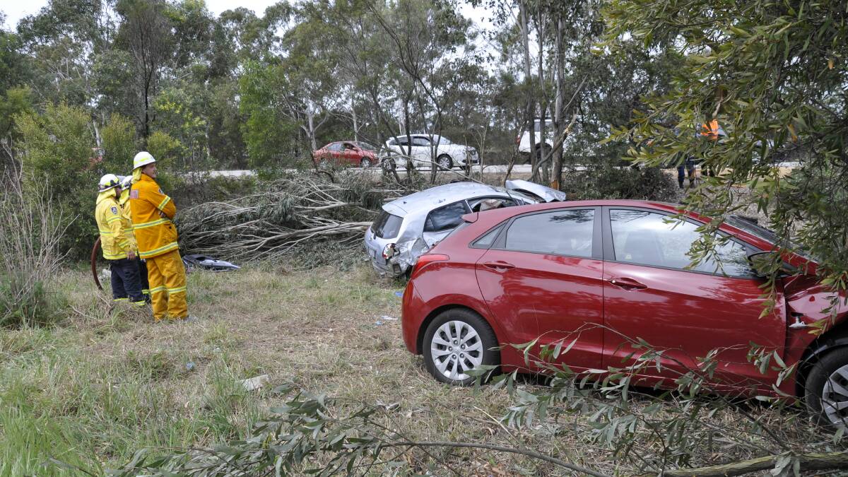 The scene of the two car collision on the Hume Highway at Marulan on Monday. Picture: Louise Thrower/Goulburn Post