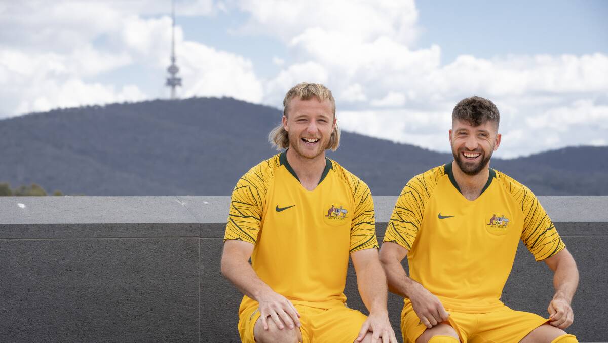 Socceroos Rhyan Grant and Brandon Borello in Canberra on Tuesday. Picture: Sitthixay Ditthavong
