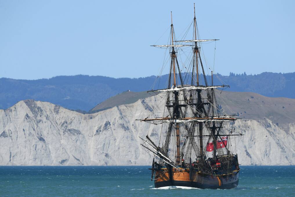 The HMB Endeavour replica comes in to dock in Gisborne, New Zealand. Picture: Getty Images
