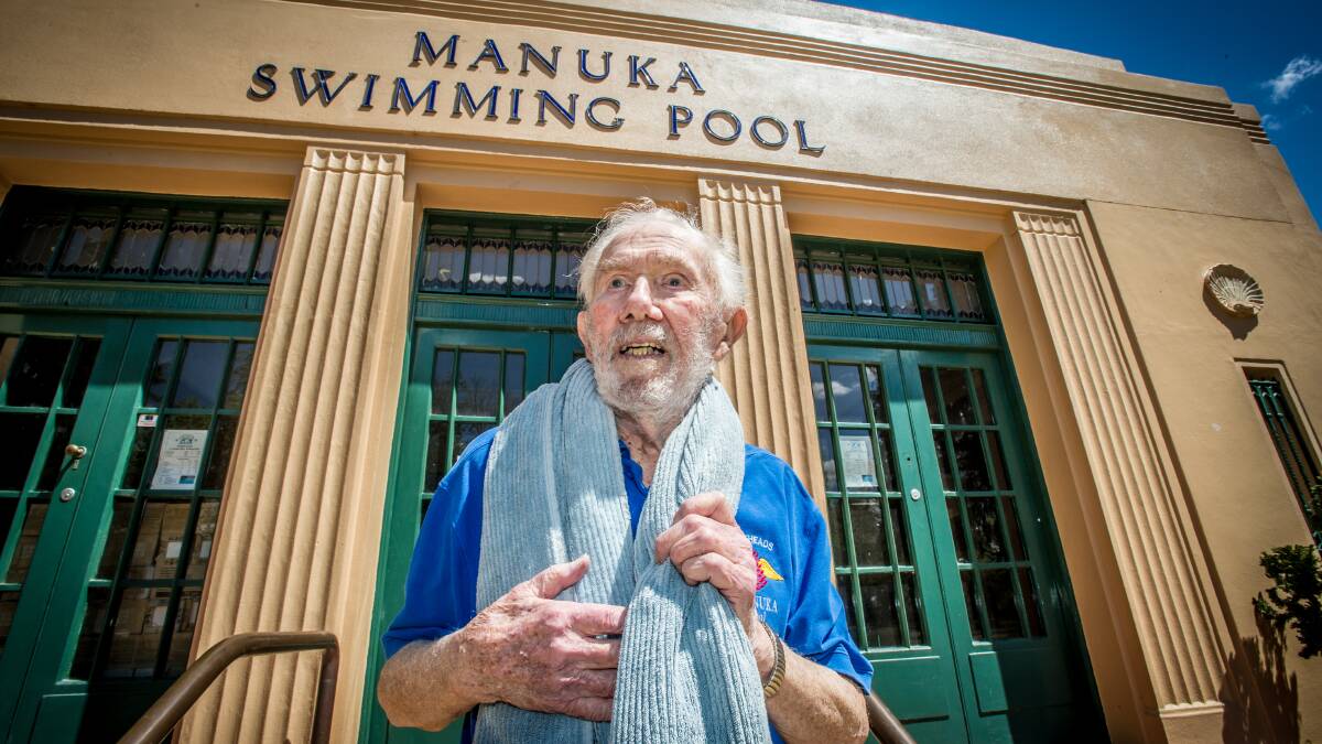 Long time Manuka pool user Merv Knowles, 97, is ready to swim. Picture: Karleen Minney