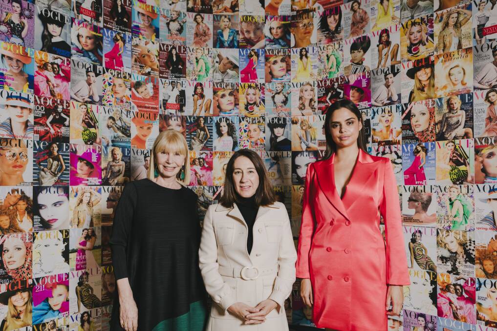 From left: former Vogue Australia cover girl Ursula Hufnagl, Vogue Australia editor Edwina McCann, and model Samantha Harris at the National Portrait Gallery. Picture: Jamila Toderas