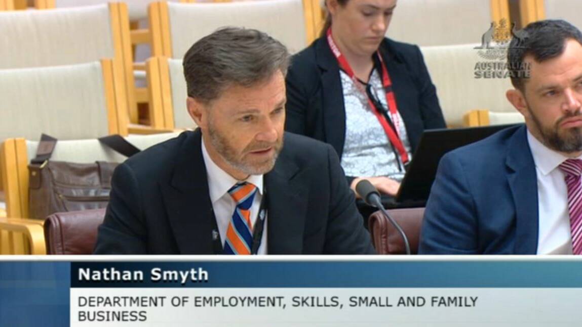Employment Department deputy secretary Nathan Smyth giving evidence at Thursday's inquiry into Newstart. Picture: Senate