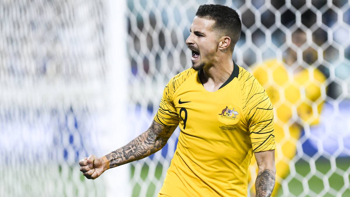 Jamie Maclaren has given Graham Arnold a selection headache after scoring a hat-trick in Canberra. Picture: Dion Georgopoulos
