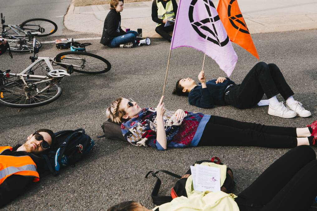 Extinction Rebellion protest at Canberra on Friday morning. Picture: Jamila Toderas