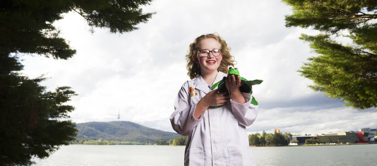 Peta Eldridge, 9, with a prototype model of Turtle Mate, which has seen her named as one of Australia's top young inventors. Picture: Dion Georgopoulos