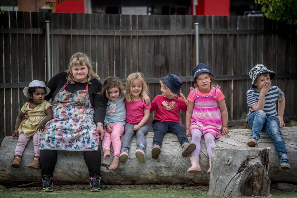 Sharon Champion at Stella Bella Children's Centre in Fyshwick with Oshini Leelarathna, 2; Emma Crafter, 4; Mia Walker, 4; Rose Payton, 3; Maddie Driscoll, 3; and and Darcy Payton, 3. Picture: Karleen Minney