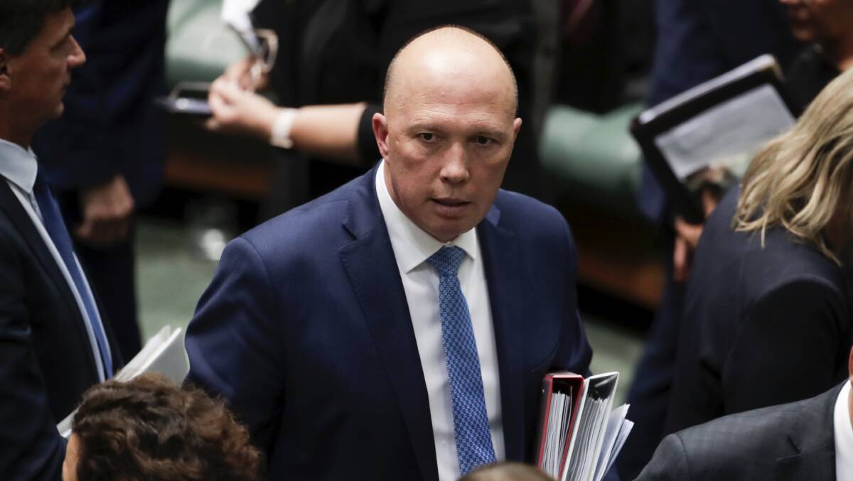 Home Affairs Minister Peter Dutton during a division at Parliament House on Thursday. Picture: Alex Ellinghausen