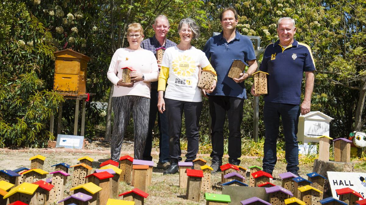 ACT for Bees founder Julie Armstrong (centre) and Hall residents Andie Pearson, Bill Pearson, Jonathan Palmer and Dennis Greenwood with some of the bee hotels that will be distributed to Hall households. Picture: Dion Georgopoulos