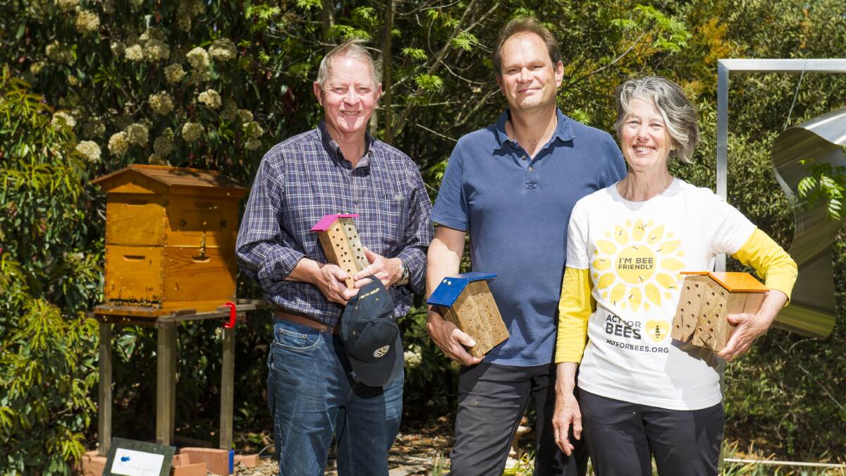 Hall Honeys members Bill Pearson and Jonathan Palmer with ACT for Bees founder Julie Armstrong and some of the bee hotels that will be distributed to Hall households. Picture: Dion Georgopoulos
