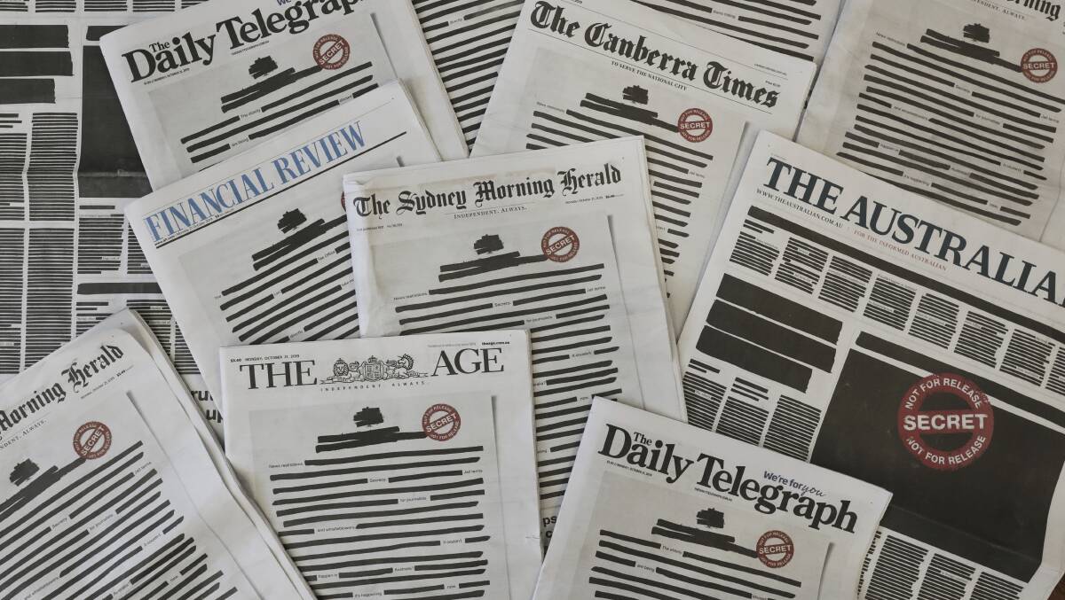 The front pages of Australian newspapers for the Your Right to Know campaign on Monday. Picture: Alex Ellinghausen 