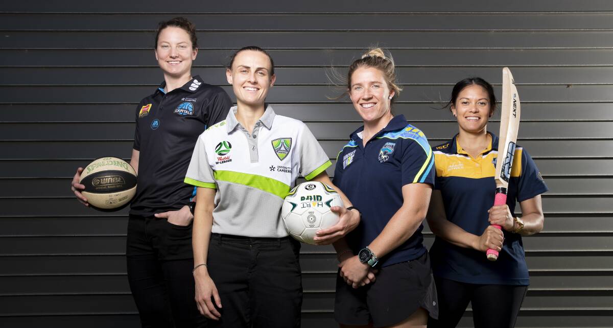 Girl power: Kelsey Griffin of the Capitals, left, Olivia Price of Canberra United, Naomi Evans of the Chill and Angela Reakes of the Meteors came together on Wednesday. Picture: Sitthixay Ditthavong