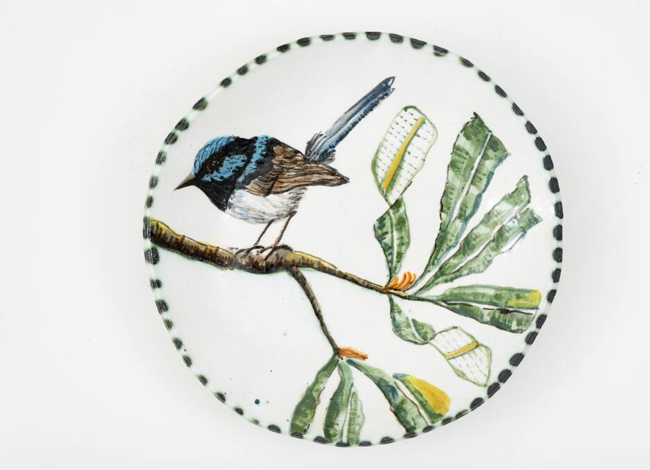 Fiona Hislop, Blue wren plate in Precious Nature at Beaver Galleries. Picture: Supplied
