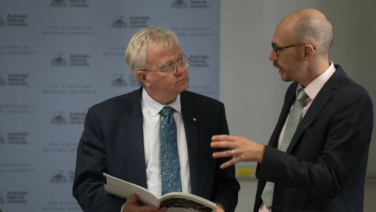 ANU Vice-Chancellor Brian Schmidt and Dr Nicholas Biddle, from the ANU Centre for Social Research and Methods, during the launch of the ANUpoll. Picture: Lannon Harley/ANU