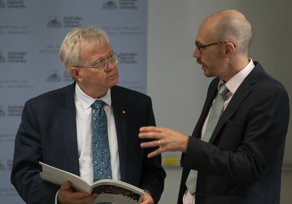 ANU Vice-Chancellor Brian Schmidt and Dr Nicholas Biddle, from the ANU Centre for Social Research and Methods during the launch of the ANUpoll. Picture: Lannon Harley/ANU