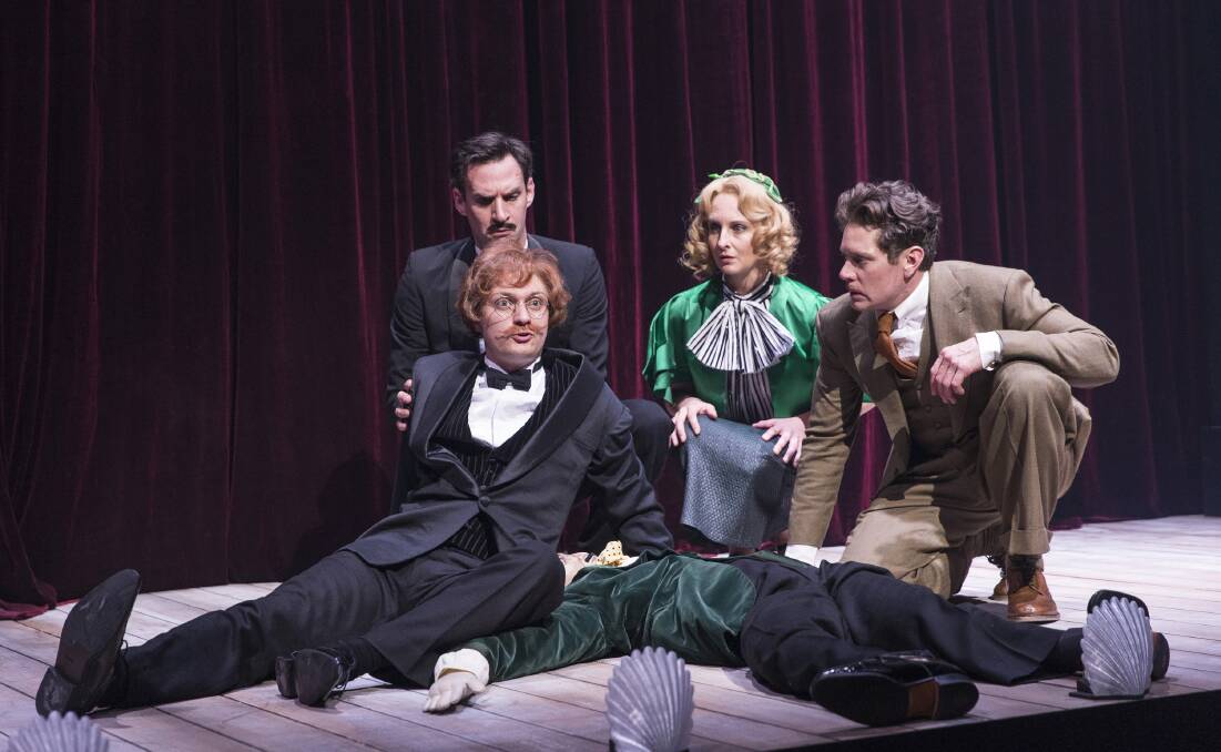 From left, Tim Overton (front), Charles Mayer, Anna Steen and Nathan Page in The 39 Steps. Picture: Shane Reid