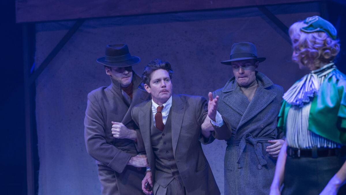 From left, Charles Mayer, Nathan Page, Tim Overton and Anna Steen in The 39 Steps. Picture: Shane Reid