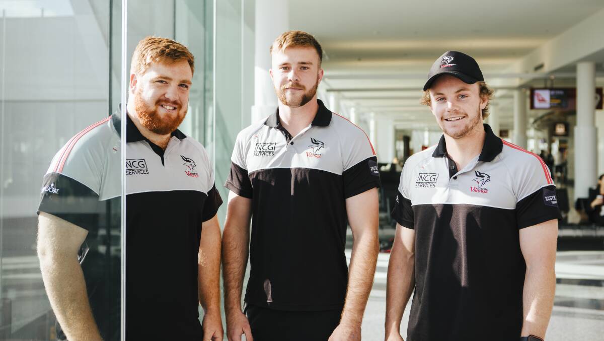 Tom Ross, Mack Hansen and Ryan Lonergan at the airport ahead of the Canberra Vikings' NRC final. Picture: Jamila Toderas