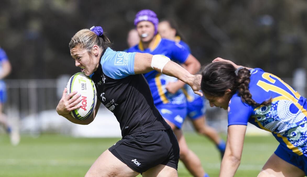 Sharni Williams finished day one with two tries at the university sevens series. Picture: Dion Georgopoulos